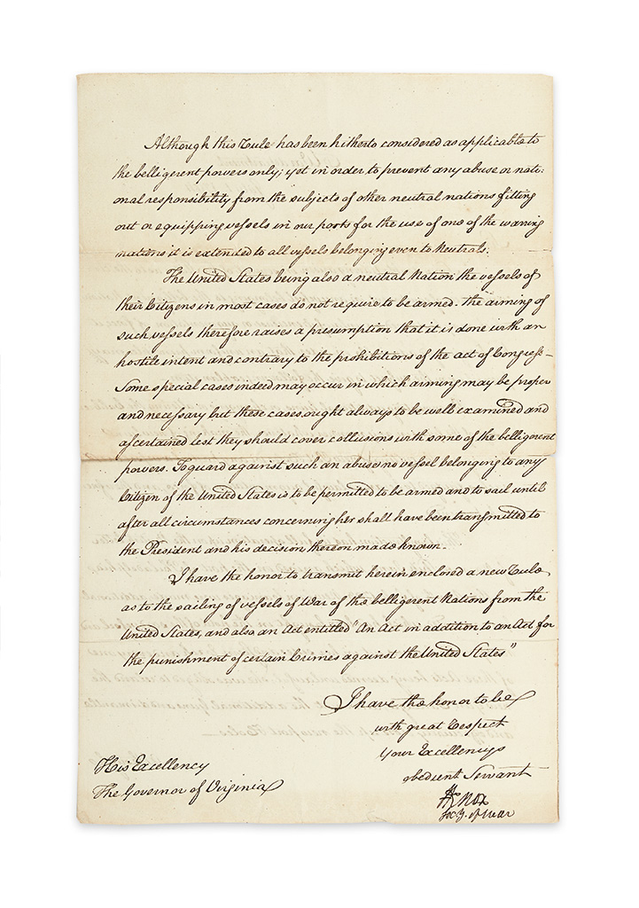 KNOX, HENRY. Letter Signed, Knox / Secy of War, to the Governor of VA Henry Light-Horse Harry Lee III,